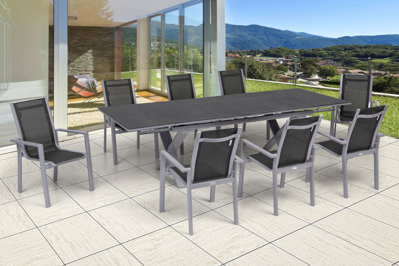 OUTFLEXX Gruppo pranzo da giardino, argento, Alluminio / Ceramica / Textilene, tavolo 180/280x100cm, 8 sedie impilabili 22215__1