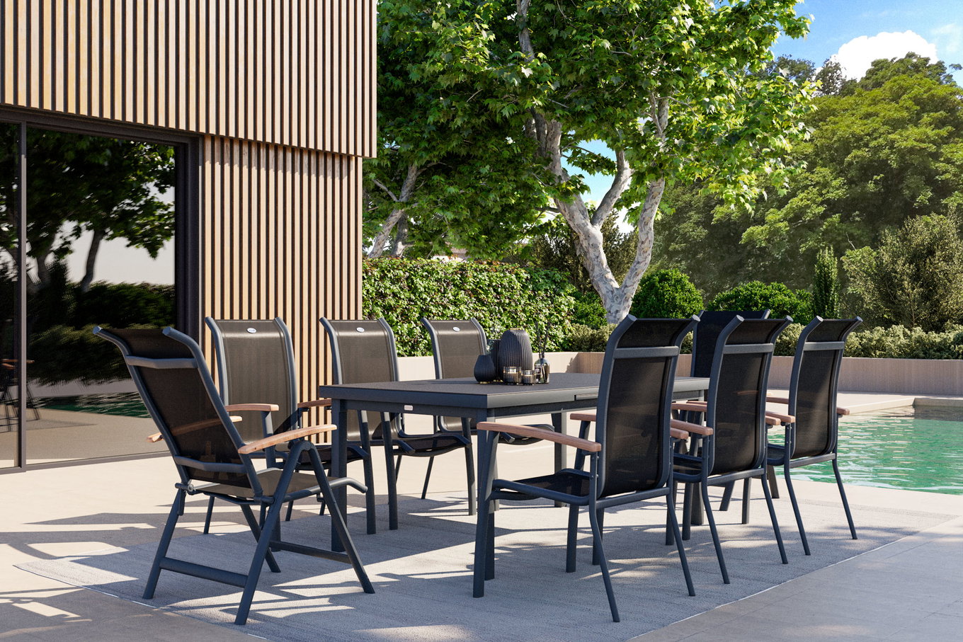 HARTMAN Alice Set da pranzo da giardino, xerix, Alu/4x4 Textilene, tavolo 180/240x100cm, 6 poltroncine impilabili, 2 sedie pieghevoli 19330__1