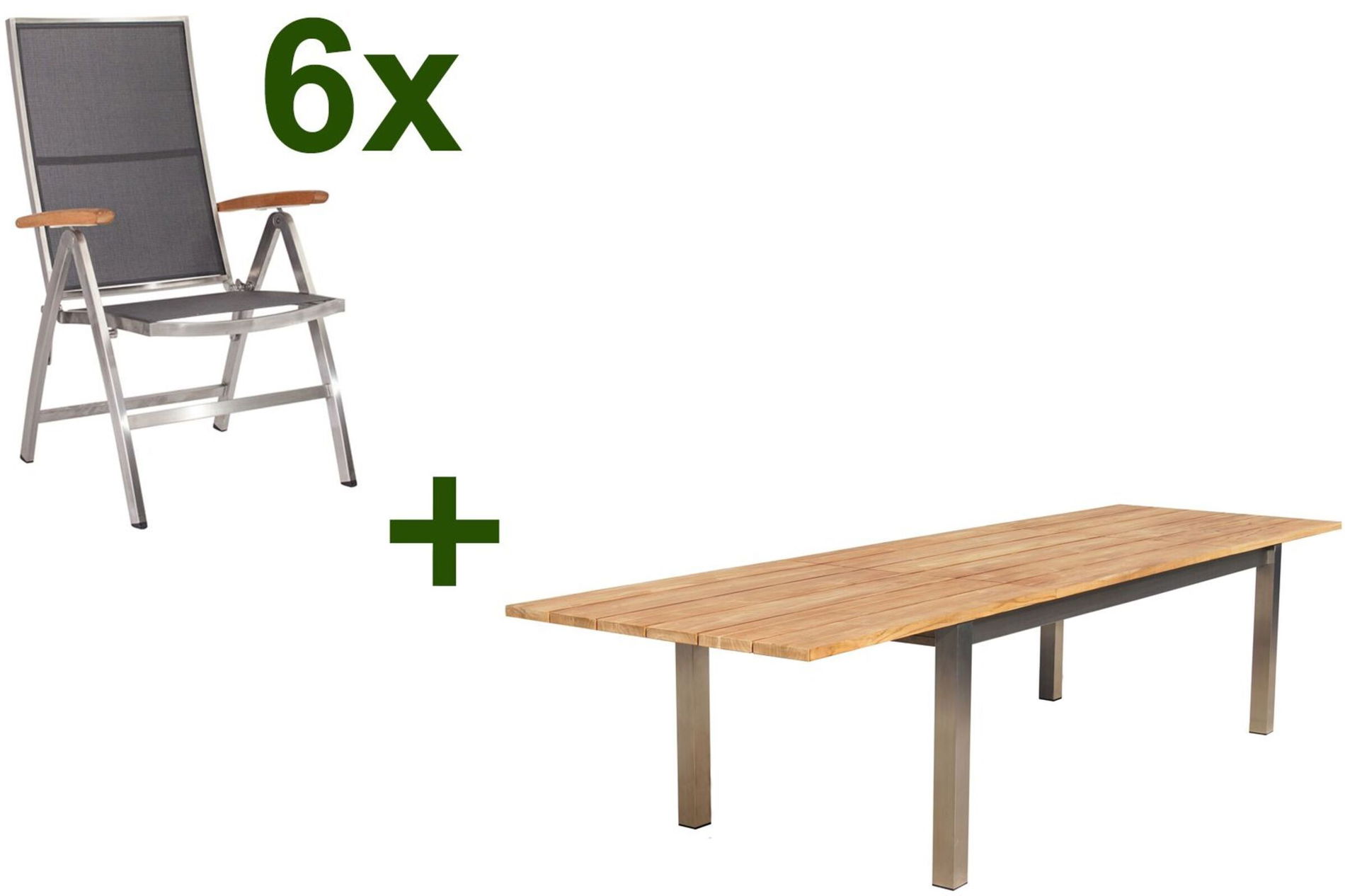 STERN Cardiff Set tavolo da pranzo da giardino, argento/grigio argento, Acciaio inox/Teak, tavolo 220/340 x 100 cm, 6 Sedie pieghevoli, Prodotto certificato FSC®