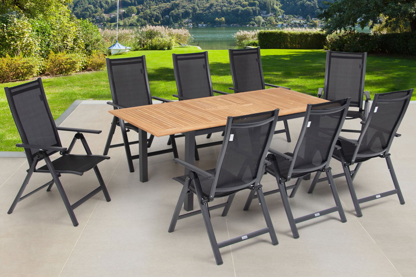 OUTFLEXX Gruppo Pranzo da Giardino, OUTFLEXX® antracite opaco, Alu / Teak / Textil, Tavolo allungabile 150/210 x 90 cm, 8 Sedie pieghevoli 22175__1