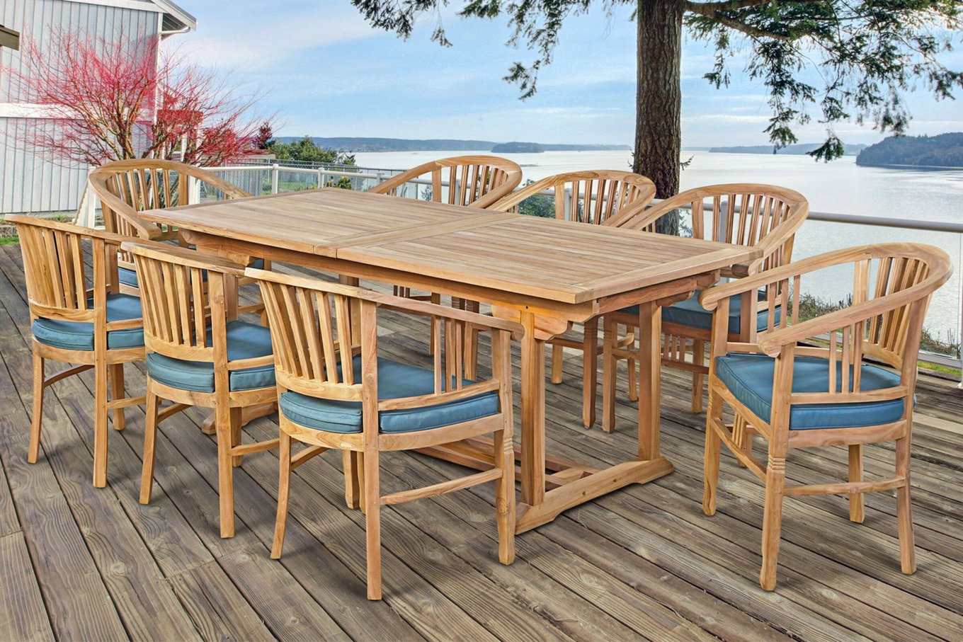 OUTFLEXX Gruppo pranzo da giardino, legno di teak, tavolo allungabile 195/295 x 90 cm, 8 poltrone con braccioli, inclusi cuscini 19368__1