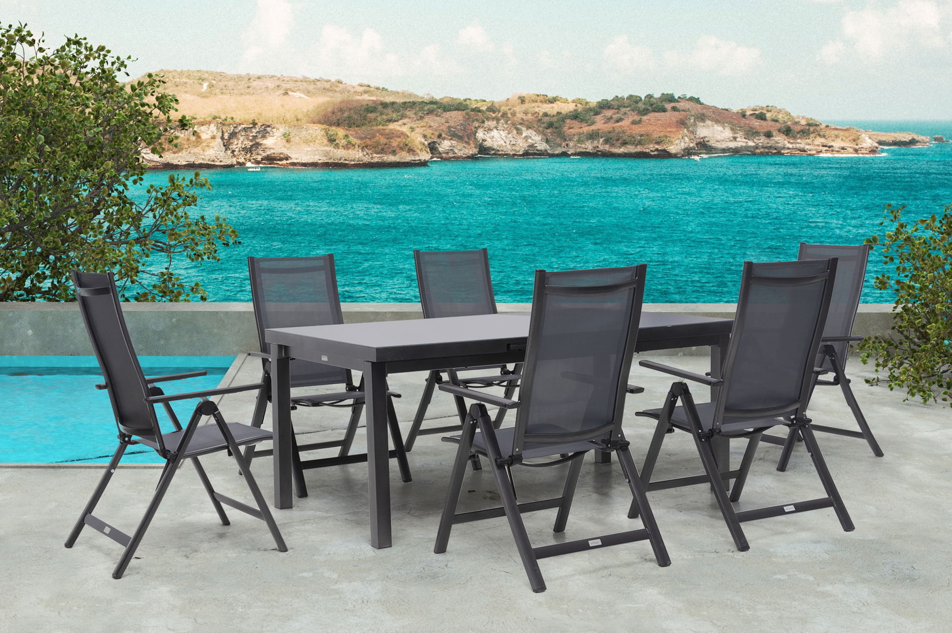 OUTFLEXX Premium Gruppo pranzo da giardino, antracite/grigio, Alluminio/Textilene, Tavolo allungabile 180/240x100cm, 6 Sedie pieghevoli