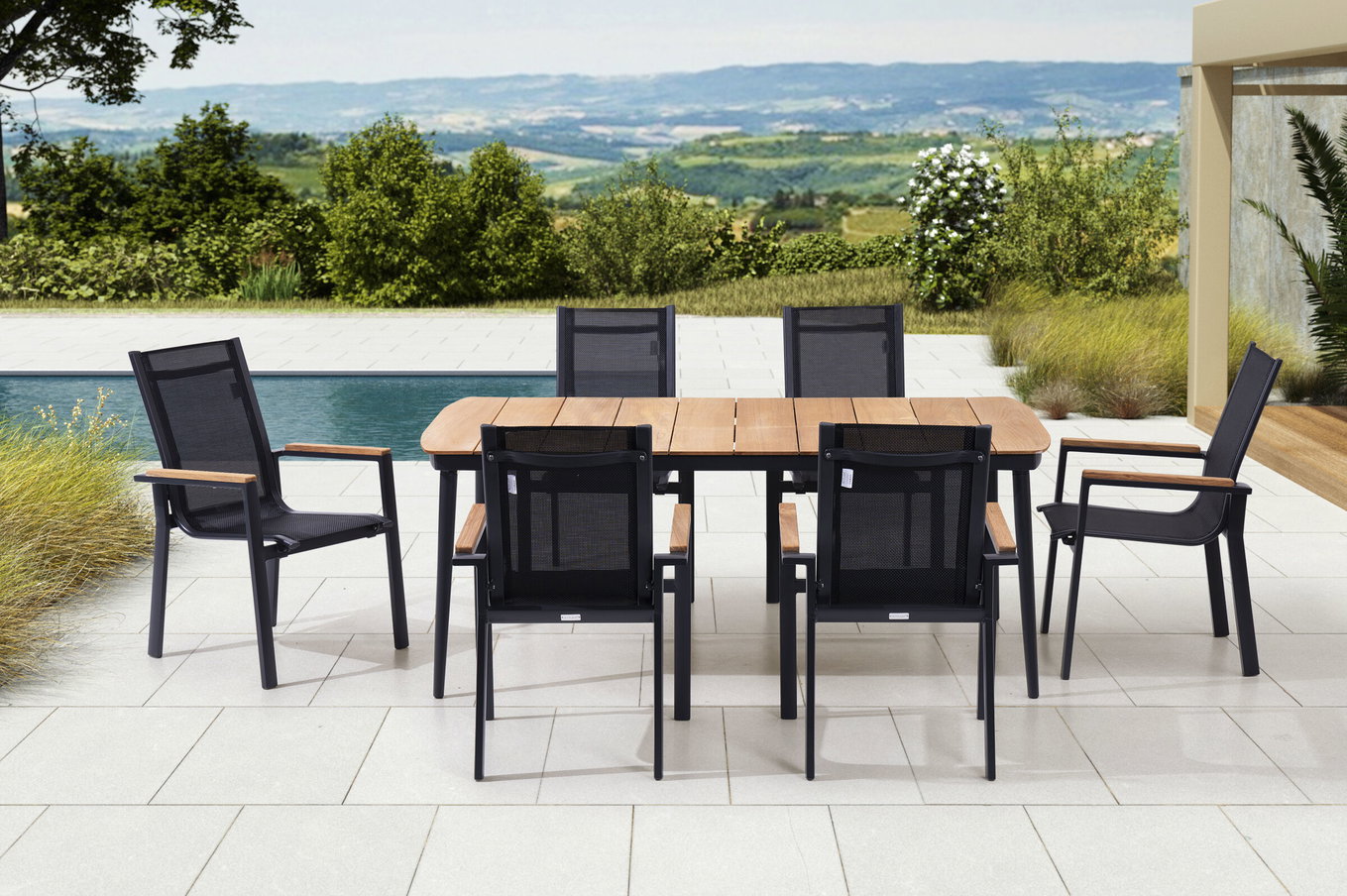 OUTFLEXX Gruppo da pranzo da giardino, antracite opaco, Alu/Teak/Textil, 184x100 cm, 6 poltrone, braccioli in teak 28203__1