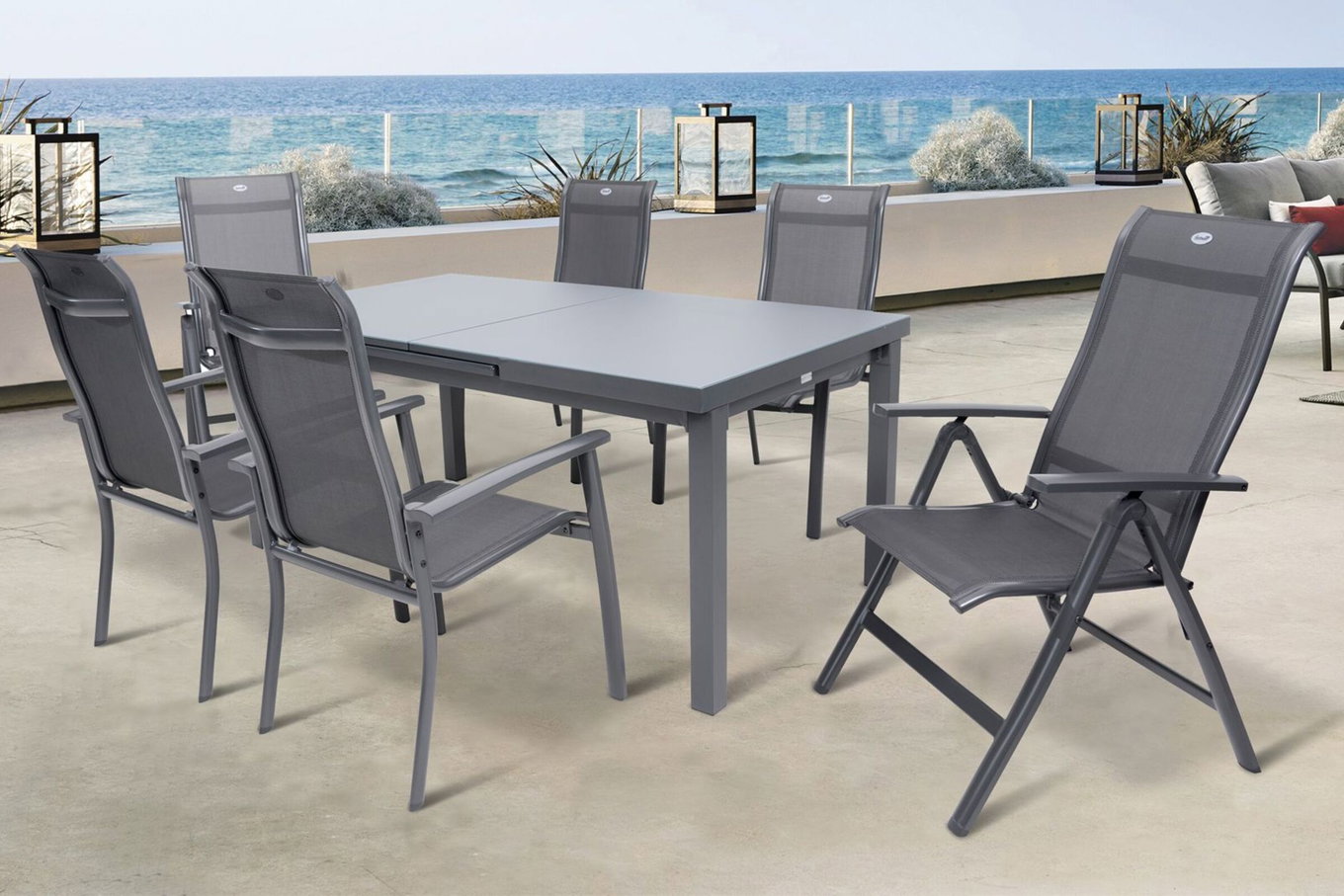 HARTMAN Alice Comfort Set da pranzo da giardino, xerix, Alu/Textilene, tavolo 180/240x100cm, 4 poltrone impilabili, 2 sedie pieghevoli 19335__1