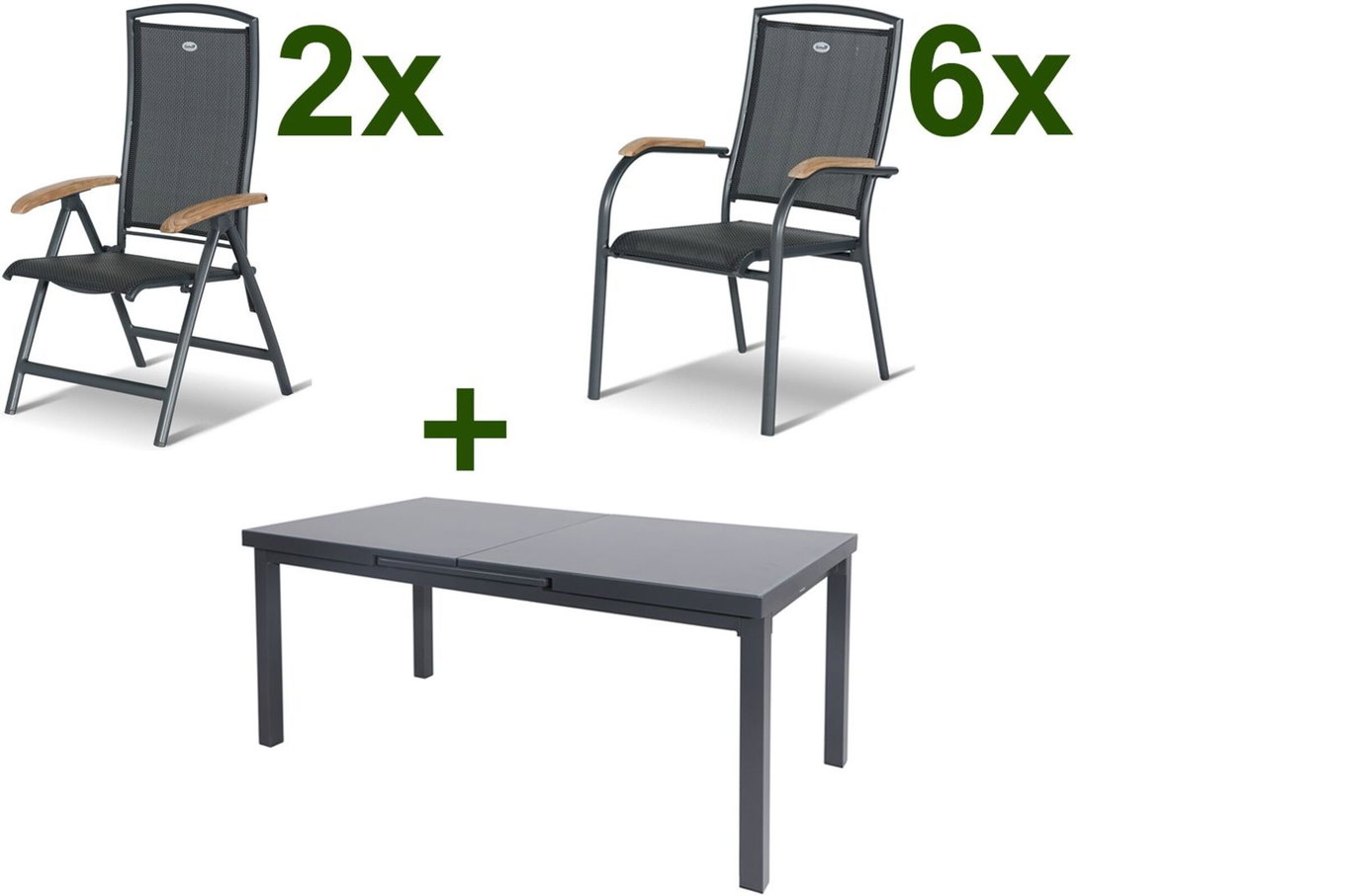 HARTMAN Raffaelo Gruppo Pranzo da Giardino, xerix, Alu/Textilene, tavolo 180/240x100cm, 6 Poltroncine Impilabili, 2 Sedie Pieghevoli 19354__1