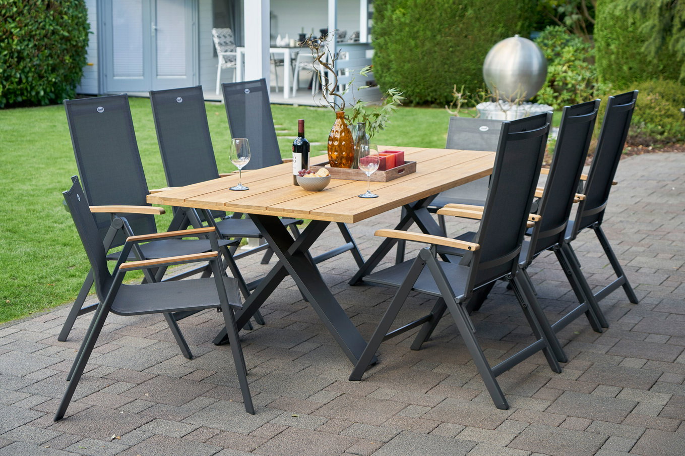 HARTMAN Xanadu / Aruba Gruppo da pranzo da giardino, xerix/antracite, Alluminio/Legno di teak, 2 poltroncine impilabili, 6 sedie pieghevoli, braccioli in teak, 220x100cm 21173__1