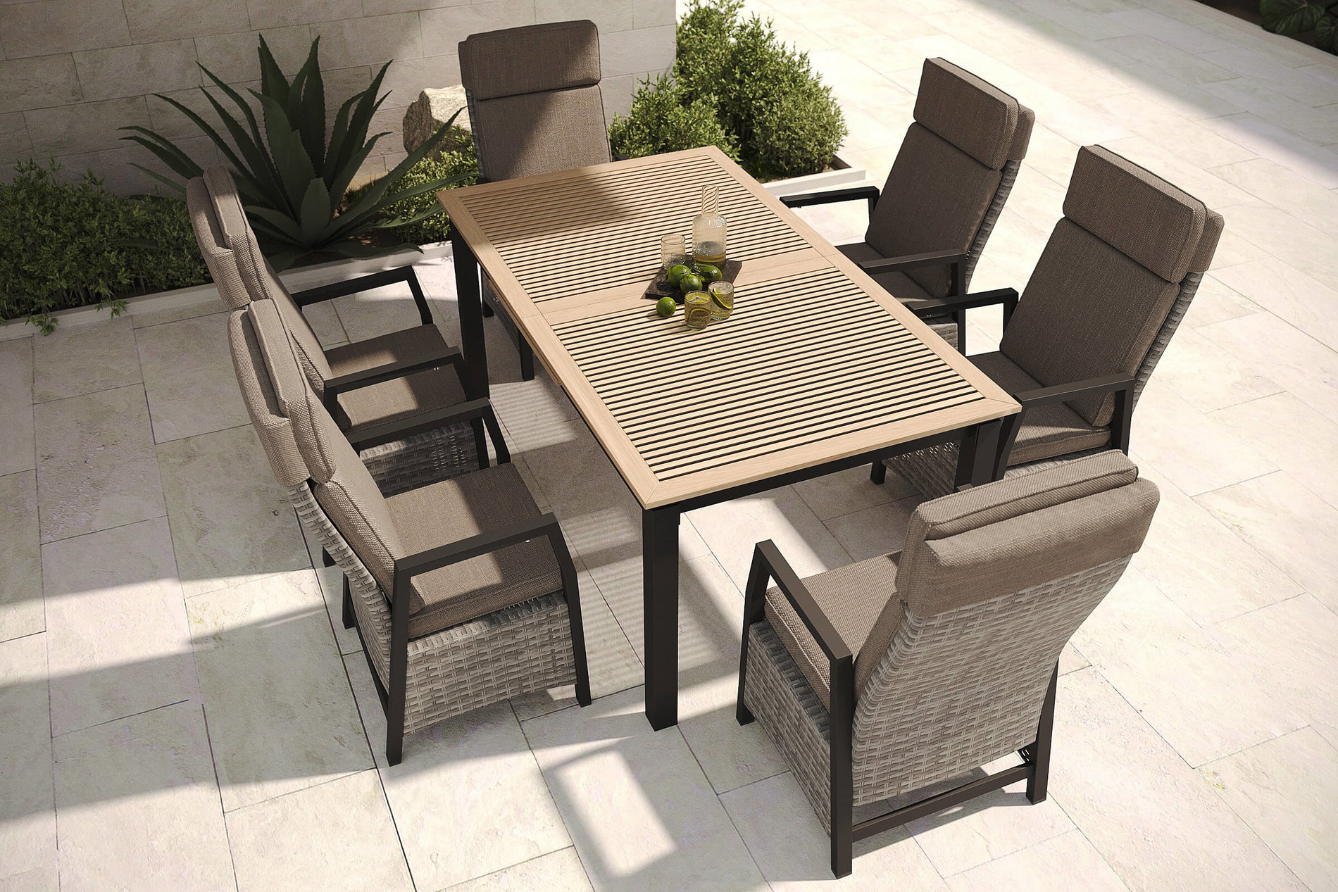 OUTFLEXX Nova Garten-Essgruppe, anthrazit/grau, Alu/Polyrattan/Teak, Tisch 180/240 x 100 cm, verstellbare Rückenlehne, inkl. 6 Sessel