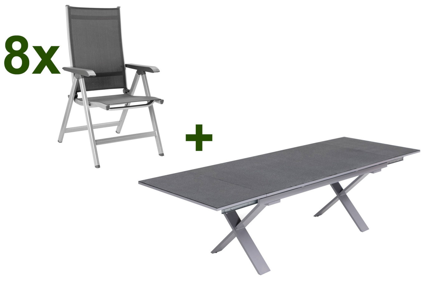 KETTLER BasicPlus Set da pranzo da giardino, argento / antracite, alluminio / Spraystone / textilene, tavolo 180/280x100cm, 8 sedie pieghevoli 23008__1