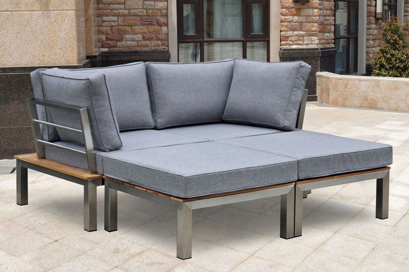 OUTFLEXX salotto da giardino, argento/grigio, acciaio inossidabile/legno di teak/tessuto, per 2 persone, funzione reclinabile, prodotto certificato FSC® 18297__1