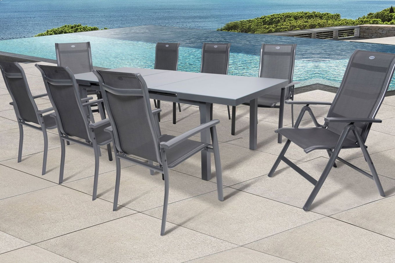 HARTMAN Alice Comfort Gruppo pranzo da giardino, xerix, Alu/Textilene, tavolo 180/240x100cm, 6 Poltrone impilabili, 2 Sedie pieghevoli 19336__1