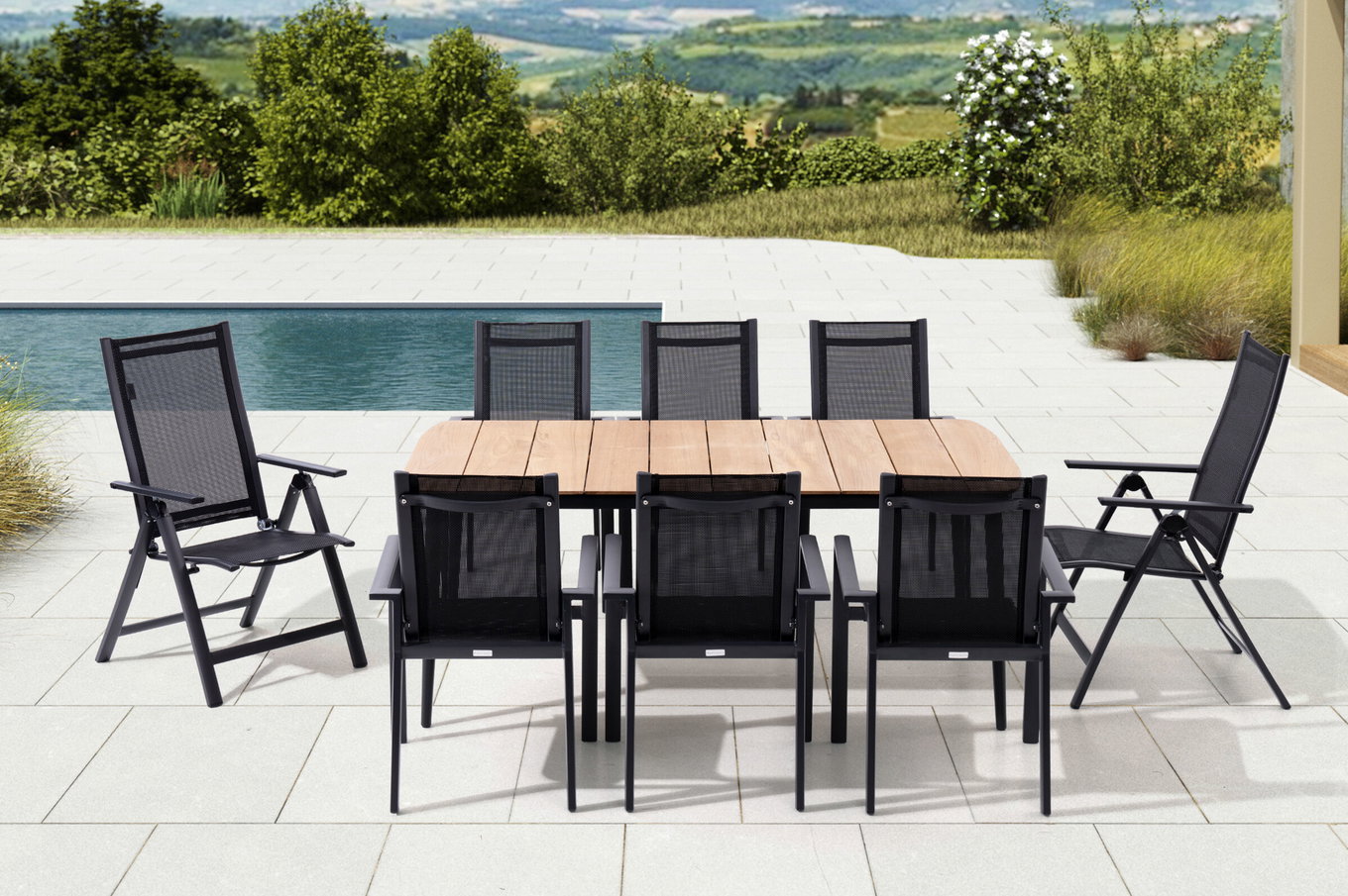 OUTFLEXX Gruppo Pranzo da Giardino, antracite opaco, Alu/Teak/Textil, 185 x 100 cm, 6 poltrone impilabili, 2 sedie pieghevoli 28212__1