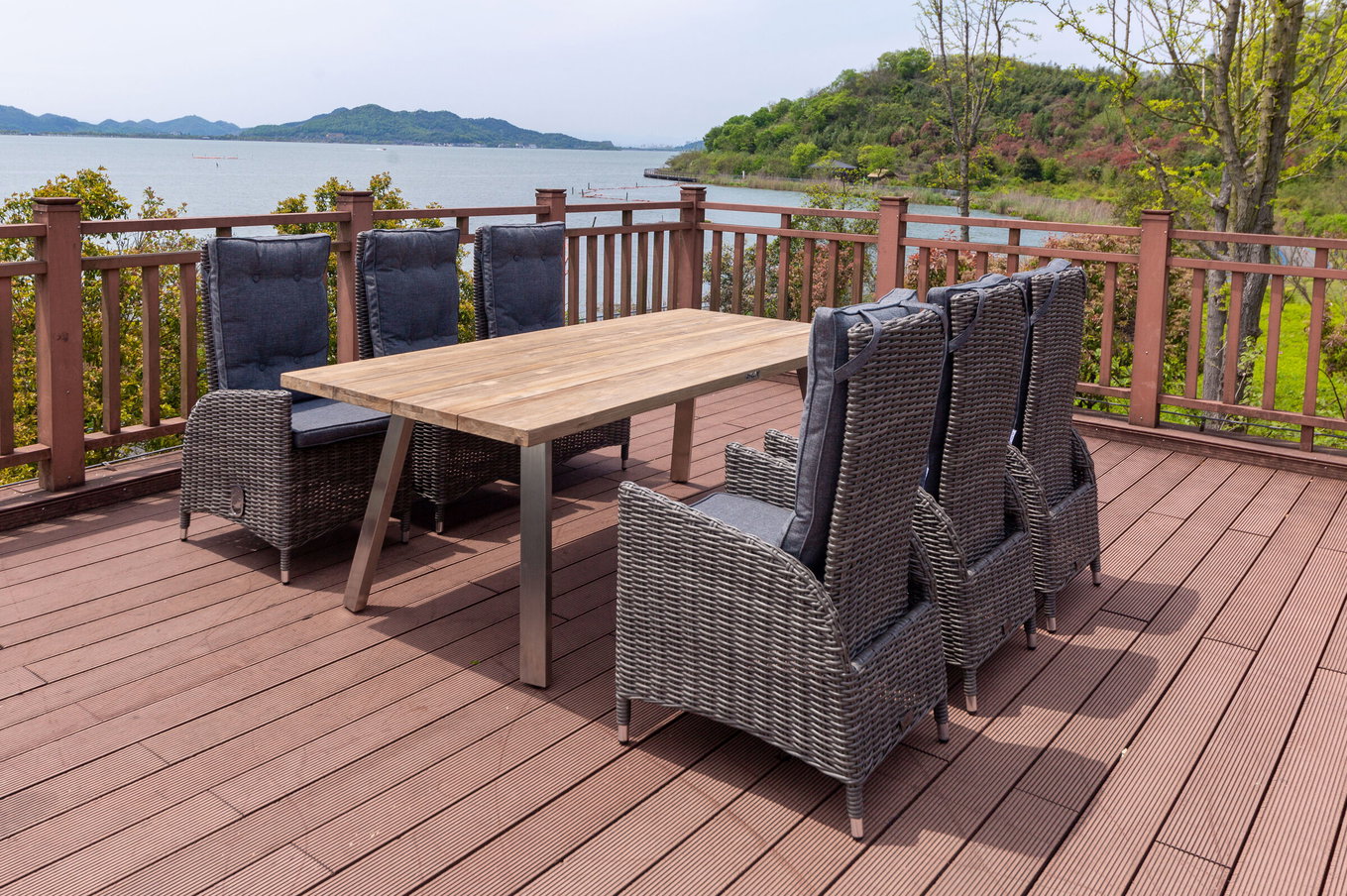 OUTFLEXX Garten-Essgruppe, Edelstahl/recyceltes Teak, Tisch 220x100 cm, 6 Hochlehner- Diningsessel, A-Gestell, FSC®-zertifiziertes Produkt 19380__1