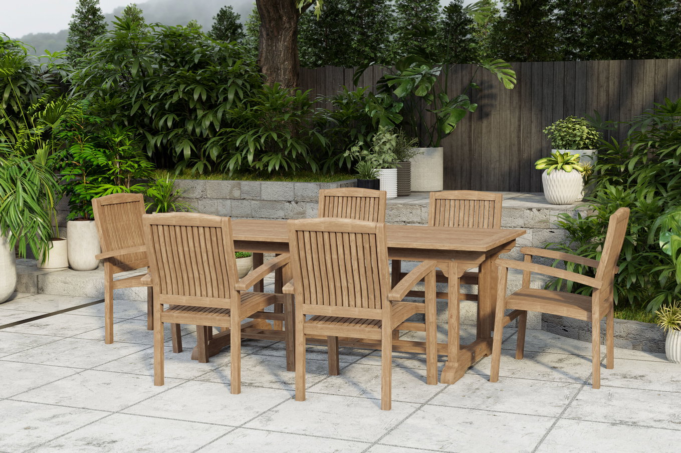 OUTFLEXX Ontario/Washington Gruppo tavolo da pranzo da giardino, naturale, Teak, 195/295 x 90 cm, 6x Sedia impilabile 24370__1