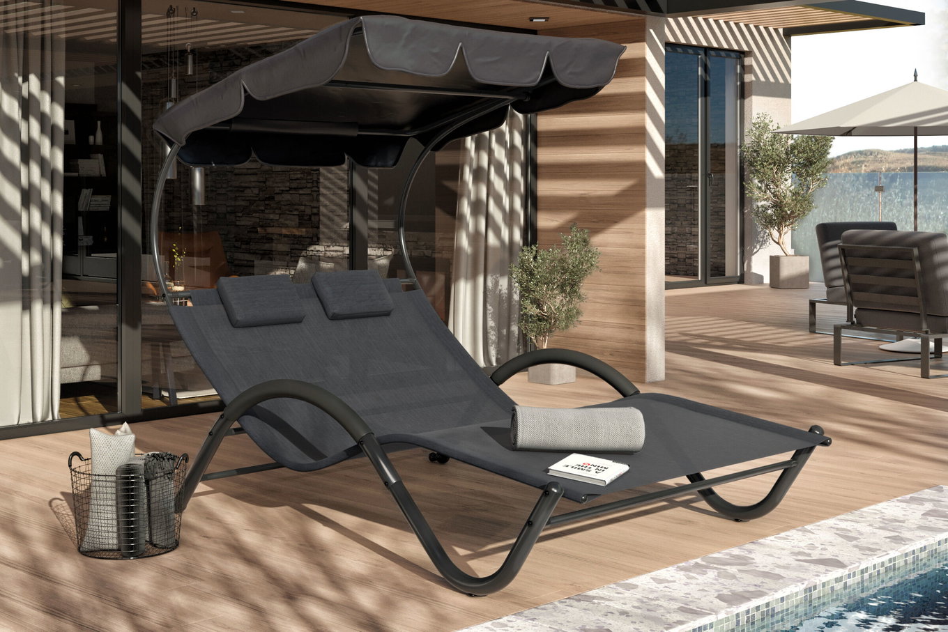 OUTFLEXX Lettino doppio, antracite, poliestere/acciaio verniciato a polvere, 205x138x34cm, incl. cuscino cervicale, mobile 16102__1