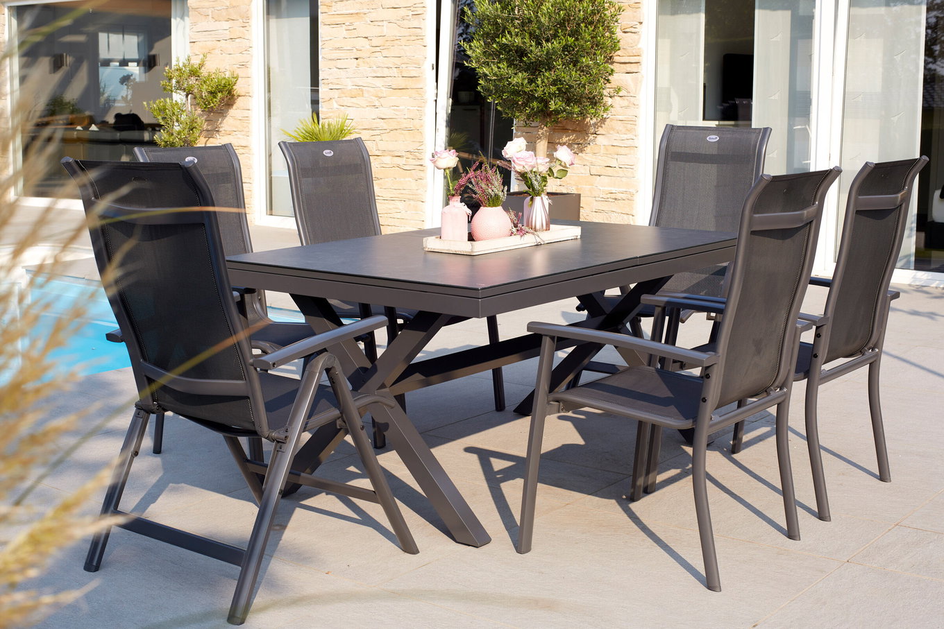 HARTMAN Xanadu / Alice Gruppo pranzo da giardino, xerix, Alu/Textilene/Vetroceramica, 4 poltroncine impilabili, 2 sedie pieghevoli, 160/220x100cm 23260__1