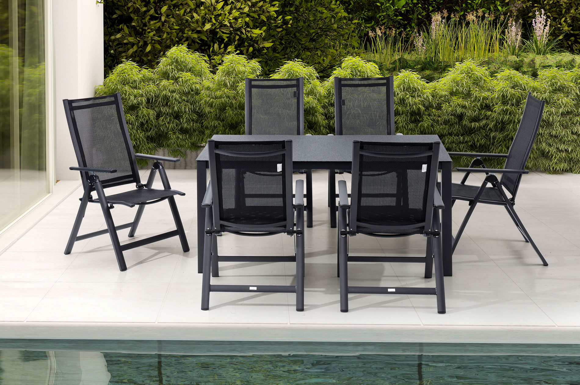 OUTFLEXX Gruppo da Pranzo da Giardino, antracite opaco, Alu/Spraystone/Textilene, 160x95 cm, 6 Sedie Pieghevoli, regolabile 28186__1