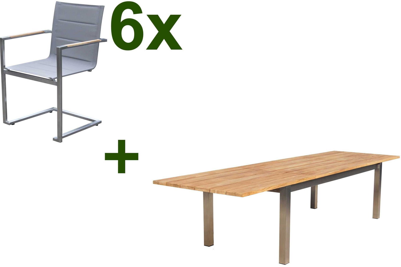 OUTFLEXX Gruppo tavolo da pranzo da giardino, acciaio inox/teak, 220/340 x 100 cm, 6 sedie a sbalzo, argento, spessore piano tavolo 3cm, prodotto certificato FSC® 17320__1