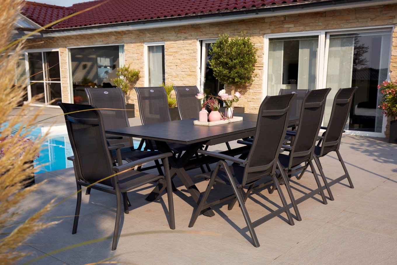 HARTMAN Xanadu / Alice Gruppo pranzo da giardino, xerix, Alu/Textilene/Vetroceramica, 2 poltroncine impilabili, 6 sedie pieghevoli, 160/220x100cm 23263__1