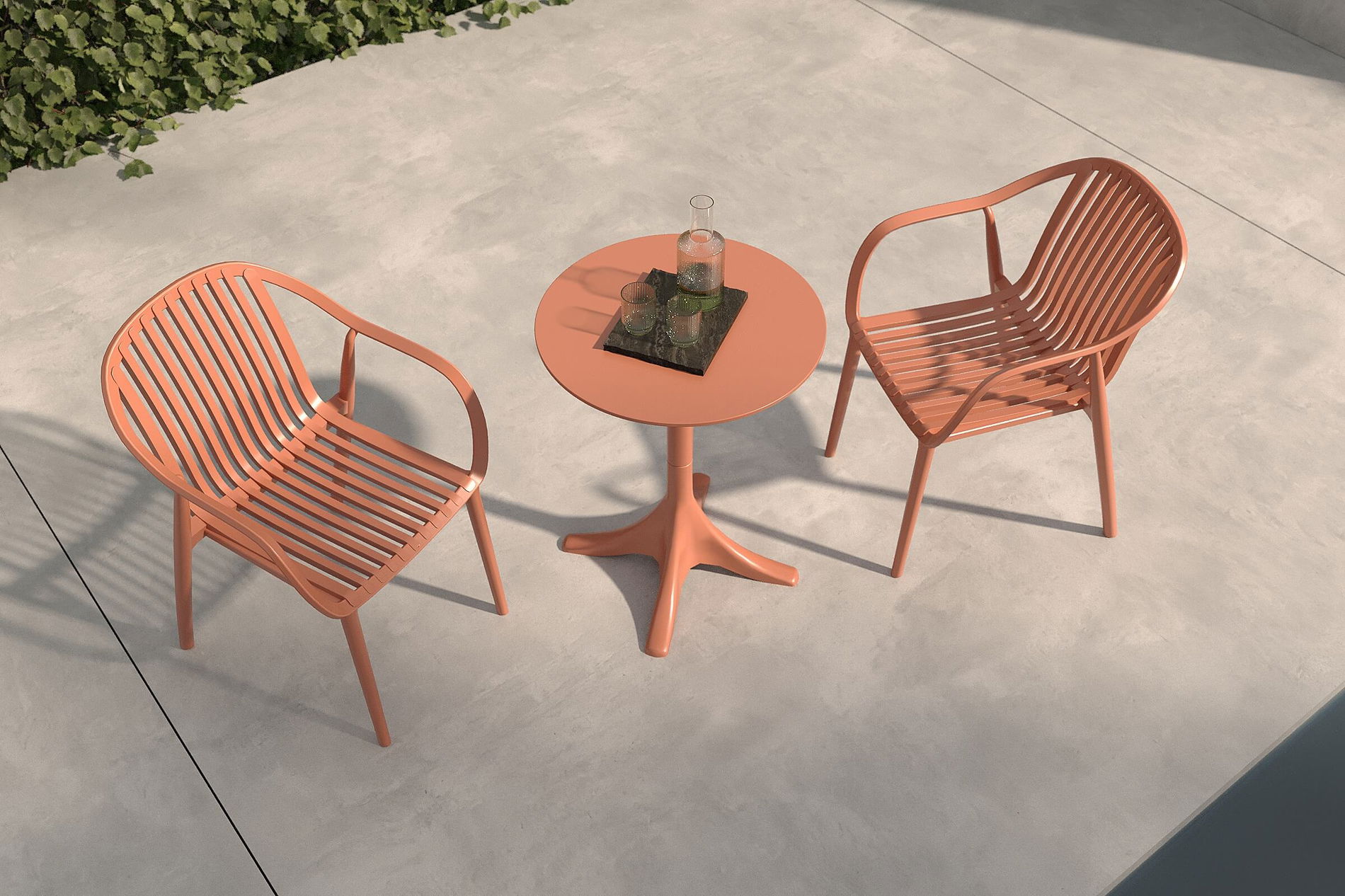 VILLANA Pico Curve Set da balcone, rosso mattone, plastica, tavolo ø70 cm e 2 sedie impilabili 56 x 59 x 83 cm, resistente ai raggi UV e alle intemperie