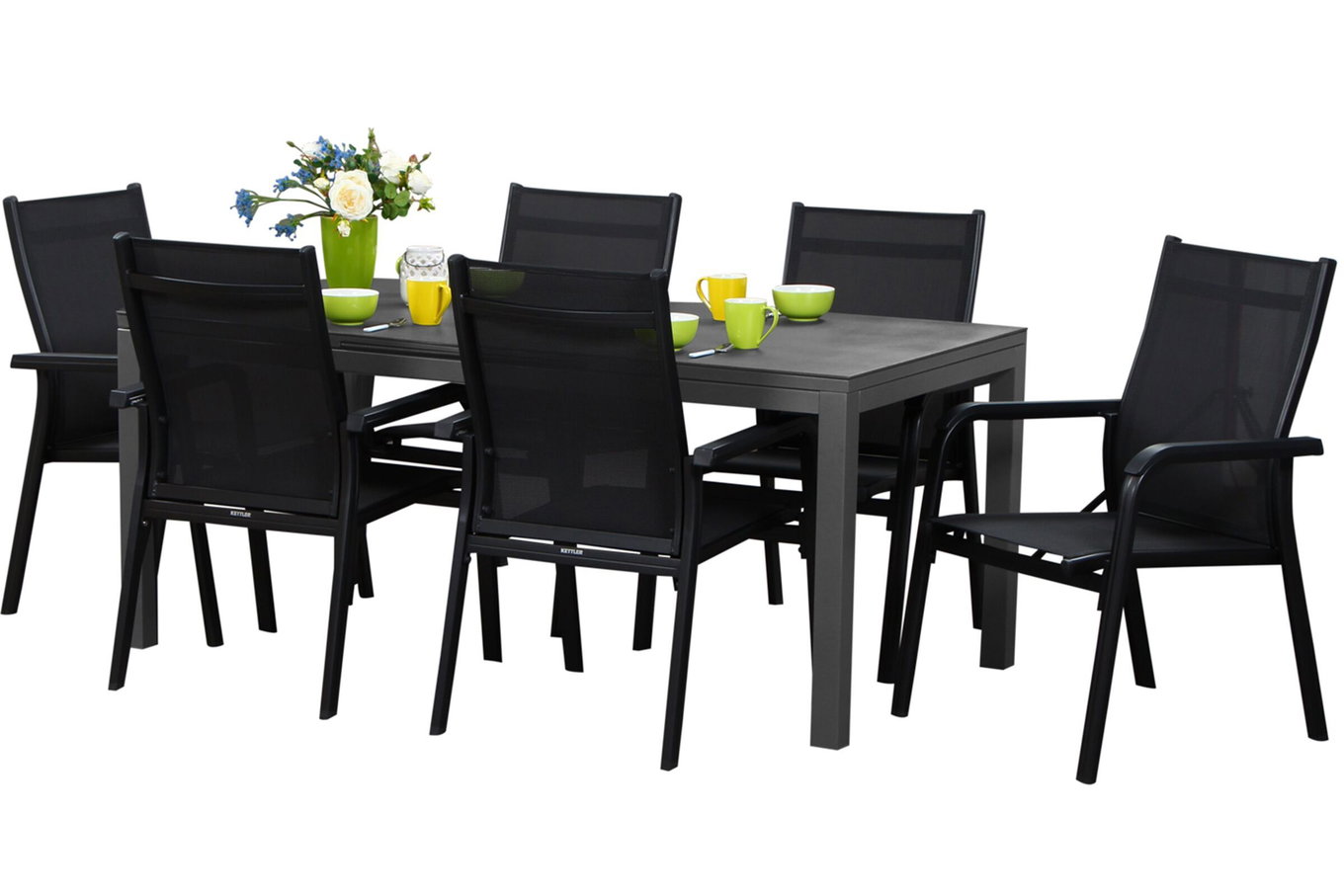 KETTLER Basic Plus Gruppo Pranzo da Giardino, antracite/antracite, Alu/Textilene, 180/240x90cm, 6 Sedie Impilabili 17228__1