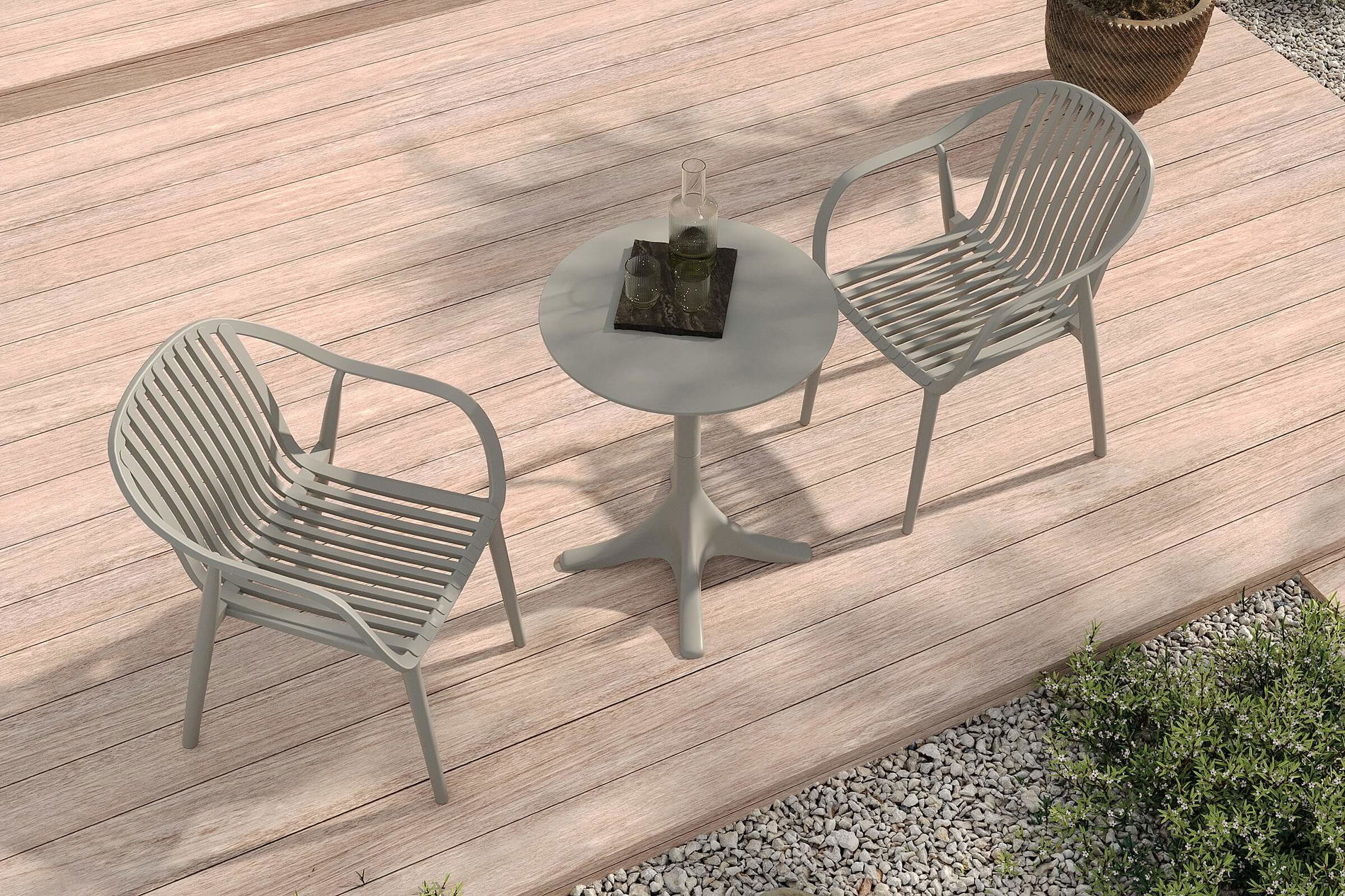 VILLANA Pico Curve Set da balcone, grigio, plastica, tavolo ø70 cm e 2 poltrone impilabili 56 x 59 x 83 cm, resistente ai raggi UV e alle intemperie