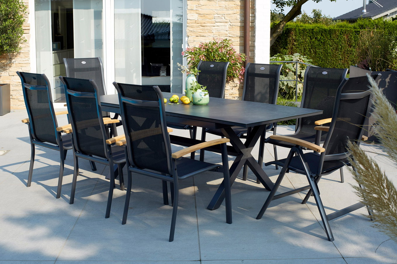 HARTMAN Xanadu / Alice Set tavolo da pranzo da giardino, xerix/naturale, Alluminio/Teak/Vetroceramica, 4x4 Textilene, 6 poltrone da pranzo, 2 sedie pieghevoli, 160/220x100cm, Braccioli in teak 23251__1