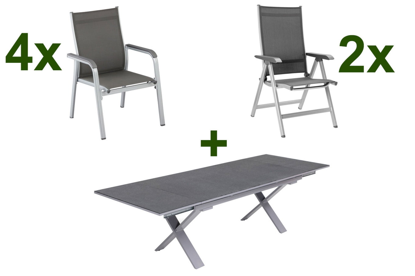 KETTLER BasicPlus Gruppo pranzo da giardino, argento / antracite, Alu / Spraystone / Tessuto, tavolo 180/280 x 100 cm, 4 poltrone impilabili, 2 sedie pieghevoli 23013__1