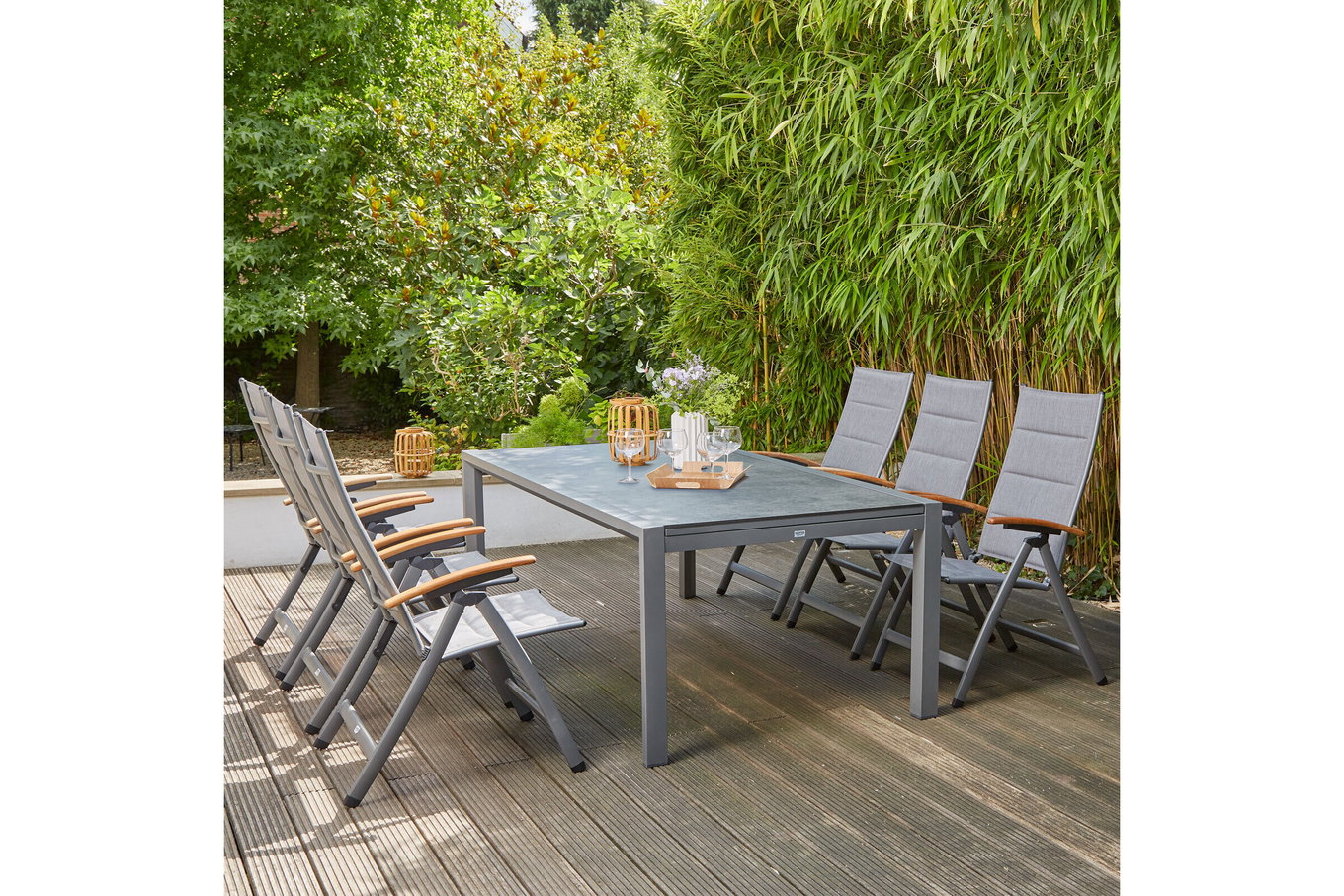 SIENA GARDEN Savina XL/Kingston Set da pranzo da giardino, grafite opaco/grigio, Alu/Teak/Texfabric, tavolo 220/340x108 cm, 4 sedie pieghevoli 22032__1