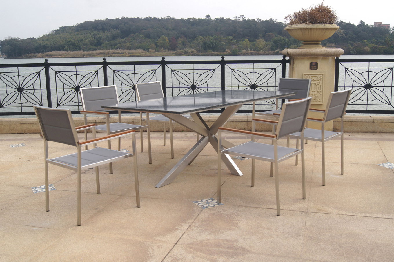 OUTFLEXX Garten-Essgruppe, silber/weiß, Edelstahl/Granit/Textil, 200x100 cm, 6 Stühle, padded, Armlehnen aus Teak 22799__1