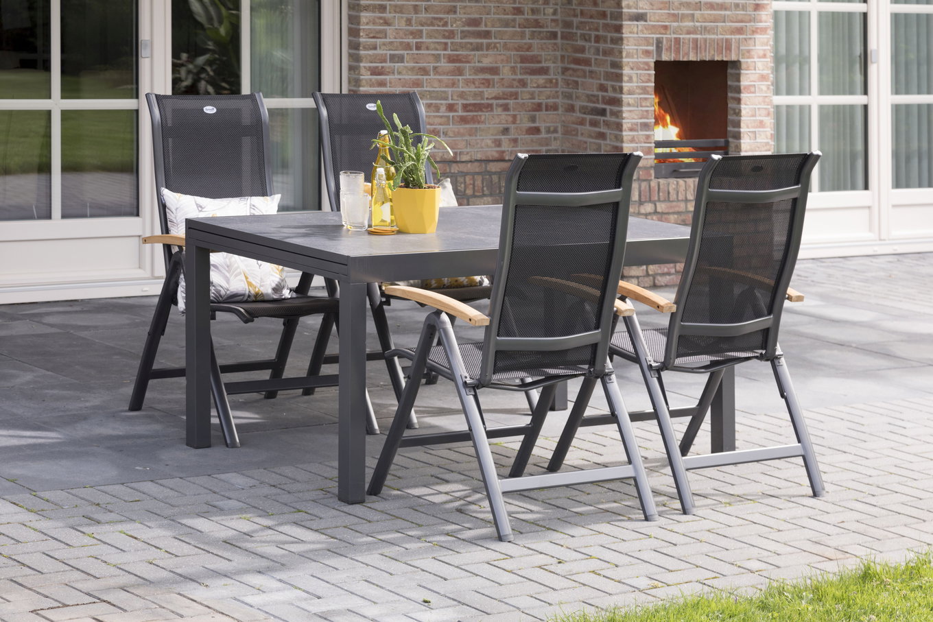 HARTMAN Alice set pranzo da giardino, xerix/naturale, Alu/Teak, 4x4 Textilen, 4 sedie schienale alto, 260/160x90cm 16895__1