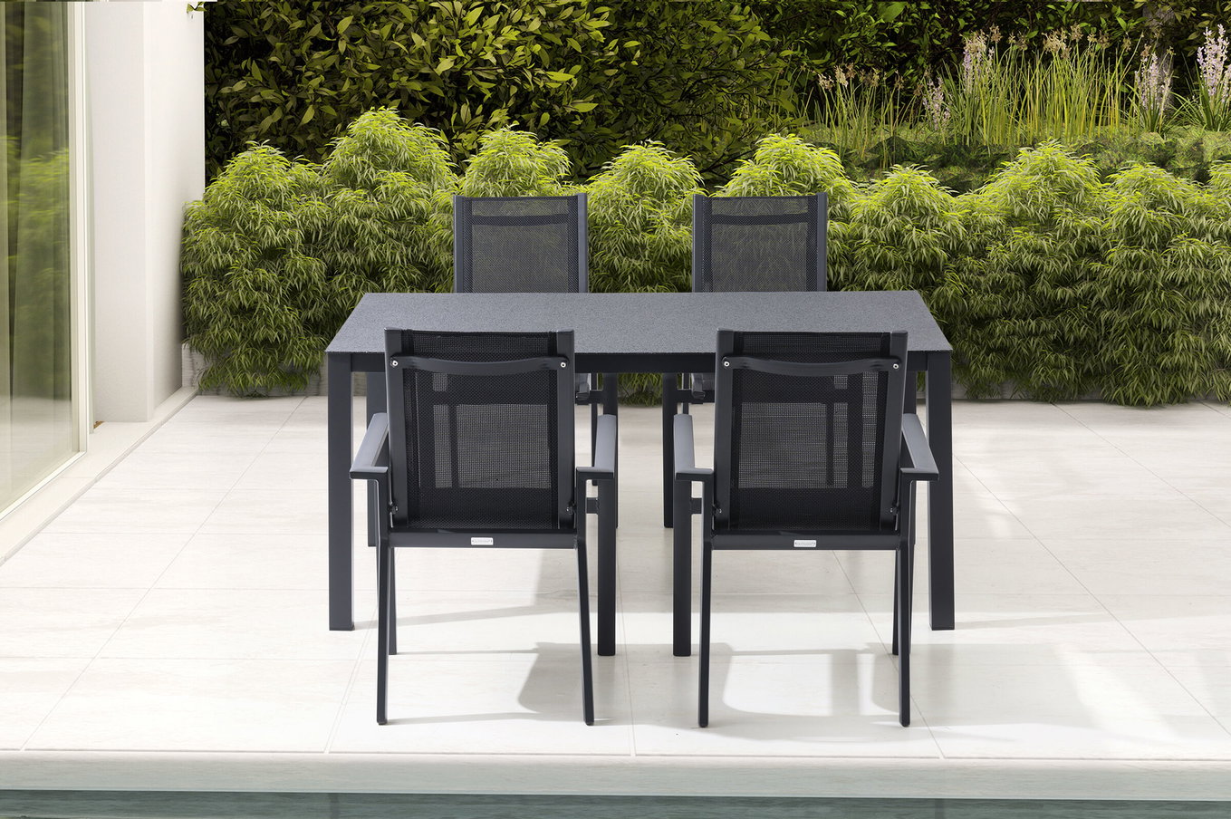 OUTFLEXX Gruppo da pranzo da giardino, antracite opaco, Alu/Spraystone/Textilene, 160x95 cm, 4 sedie impilabili 28187__1