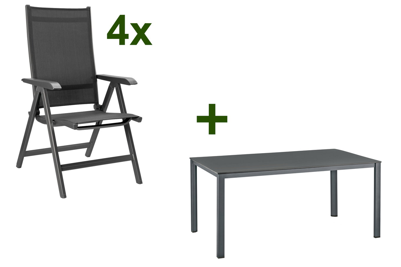 Kettler Set da pranzo da giardino, antracite/antracite, Kettalux-Plus Tavolo da pranzo 160x95cm, 4 Sedie pieghevoli BasicPlus 13702__1