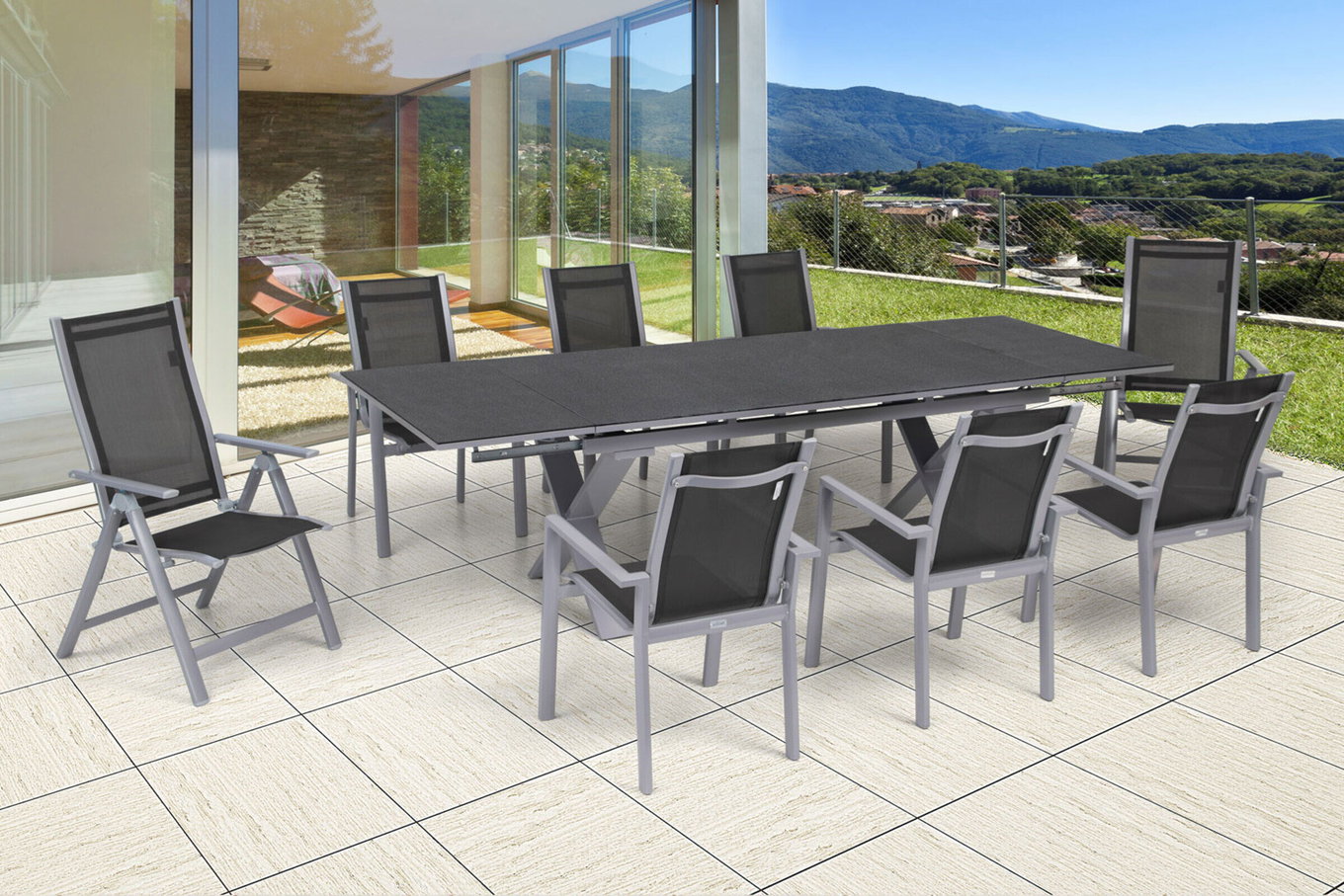 OUTFLEXX Gruppo pranzo da giardino, argento, Alu / Ceramica / Textil, tavolo 180/280 x 100 cm, 6 poltrone impilabili, 2 sedie pieghevoli 22218__1