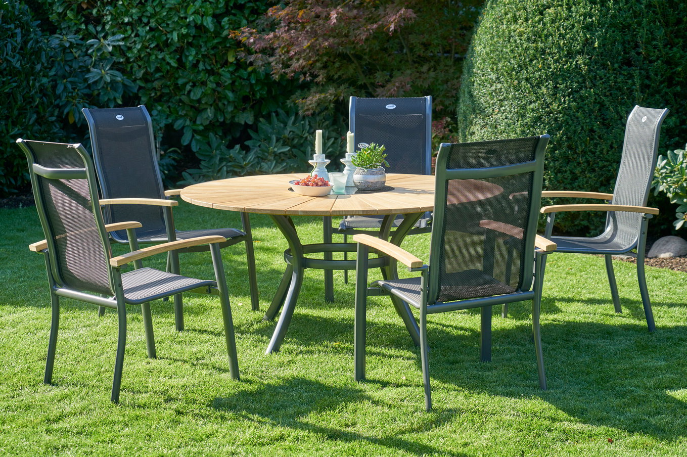 HARTMAN Provence / Alice Gruppo pranzo da giardino, xerix/nero, Alluminio/Teak, 4x4 Textilen, 5 poltrone impilabili, Ø150cm, incl. secchiello ghiaccio 21190__1