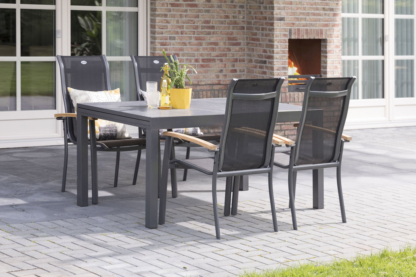 HARTMAN Alice Gruppo da pranzo da giardino, xerix/naturale, Alluminio/Teak, 4x4 Textilen, 4 poltrone impilabili, 260/160x90cm 16896__1
