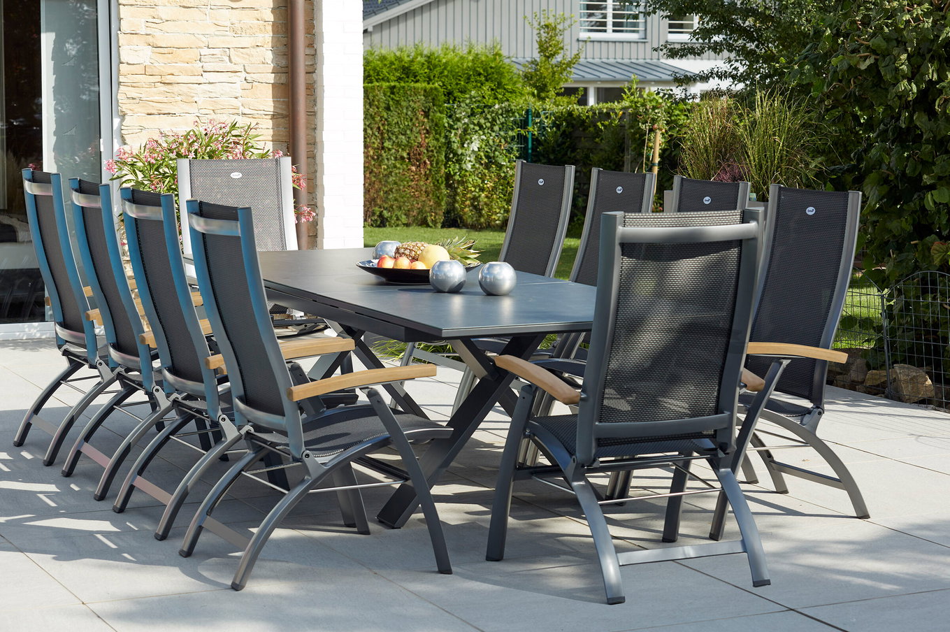 HARTMAN Modello speciale Xanadu / Primo Set da pranzo da giardino, xerix/naturale, Alu/Teak/Vetroceramica, 10 sedie pieghevoli, 220/280x100cm, base a X, braccioli in Teak 23336__1