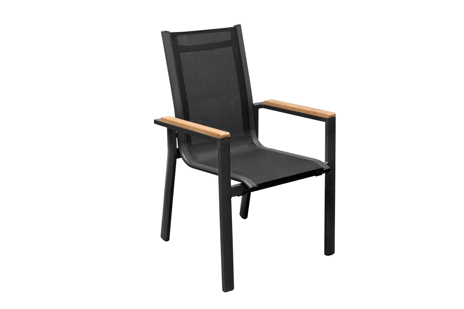 OUTFLEXX Sedia impilabile, antracite opaco, Alu/Textilene, braccioli in teak, verniciata a polvere