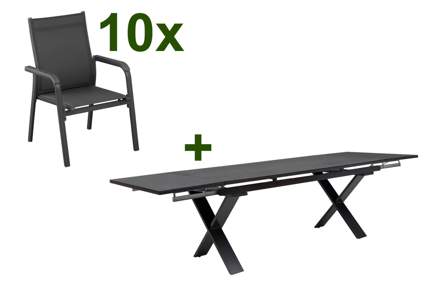 KETTLER BasicPlus gruppo da pranzo da giardino, antracite, alluminio / Spraystone / textilene, tavolo 180/280x100cm, 10 poltrone impilabili 23078__1