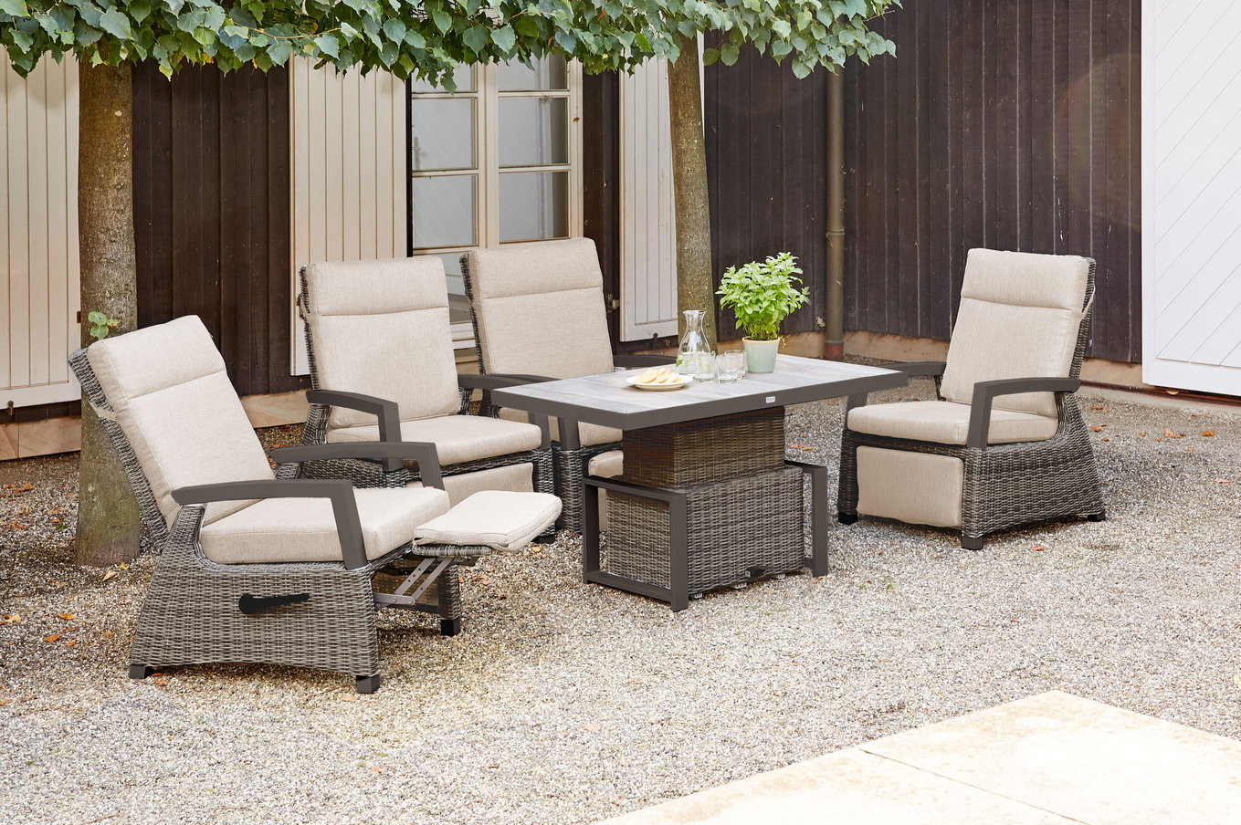 SIENA GARDEN Corido Set da pranzo da giardino, charcoal, alluminio / intreccio Gardino®, 4 poltrone relax, tavolo elevabile regolabile 130x75x47-71cm 21512__1