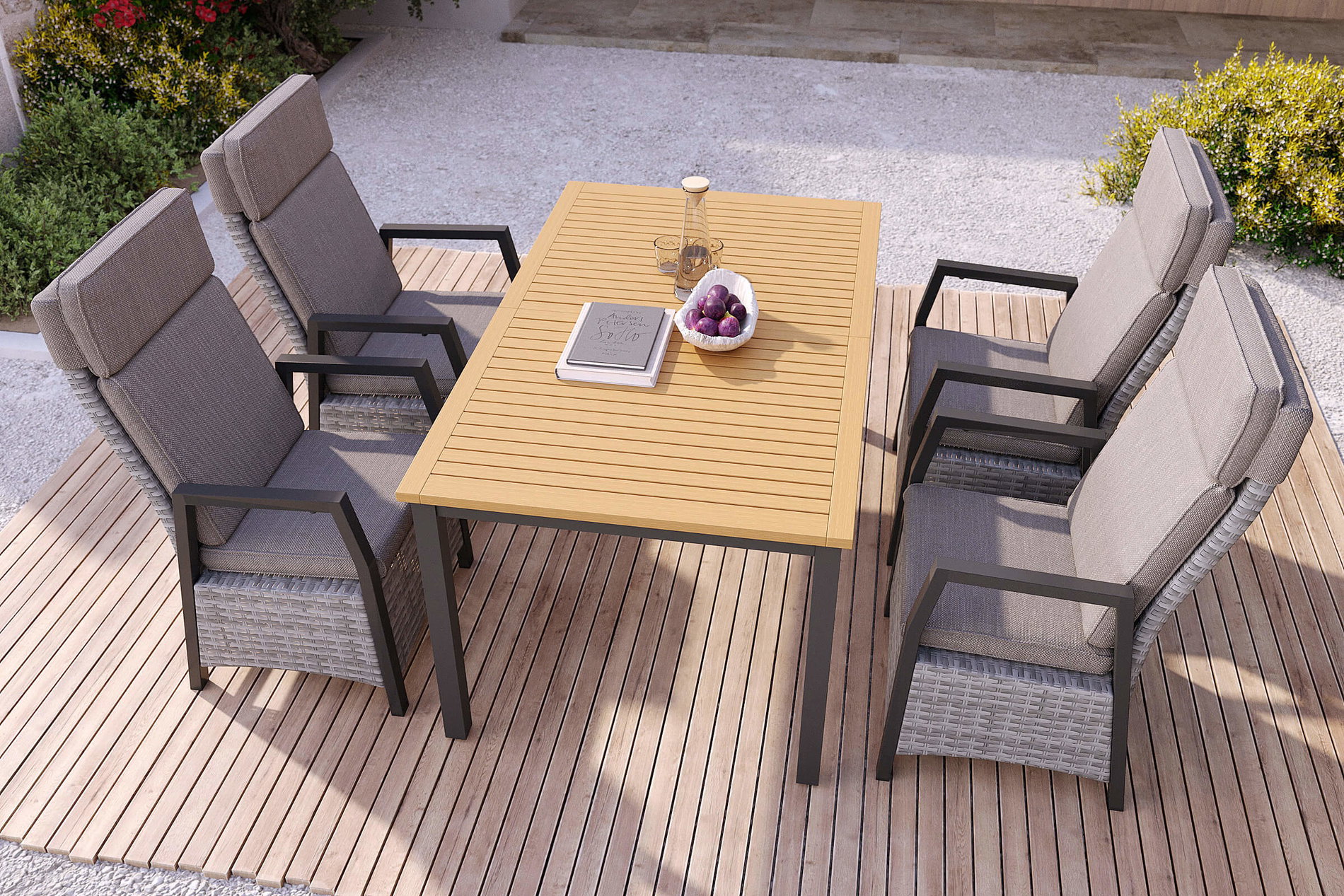 HARTMAN Nova Garten-Essgruppe mit 4 Sesseln, anthrazit/grau, Alu/Polyrattan/Teak, 150/210 x 90 cm, ausziehbarer Tisch, verstellbare Rückenlehne