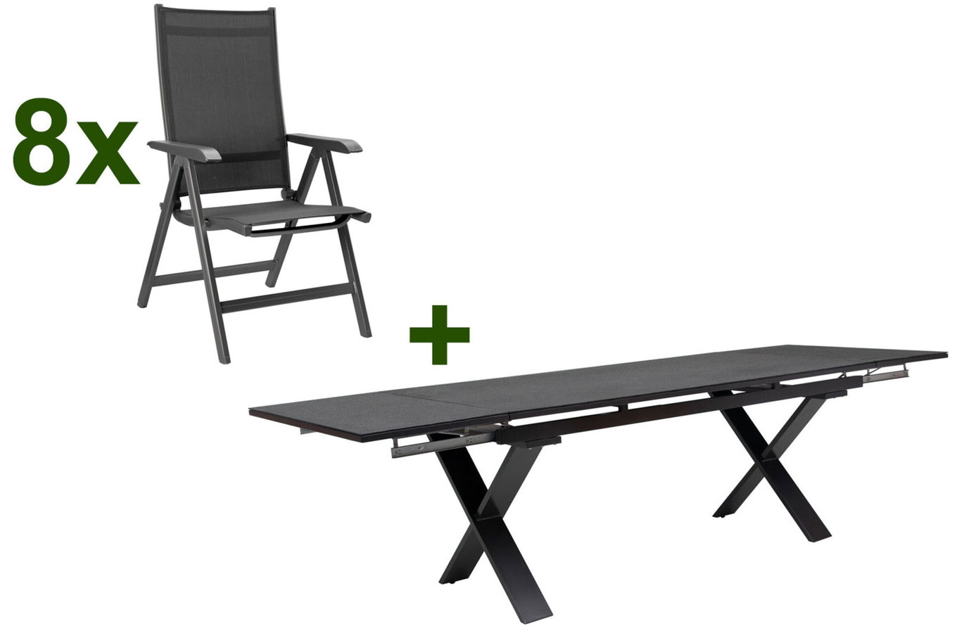 KETTLER BasicPlus Set Pranzo da Giardino, antracite, Alluminio / Spraystone / Textilene, tavolo 180/280x100cm, 8 Sedie Pieghevoli 23074__1