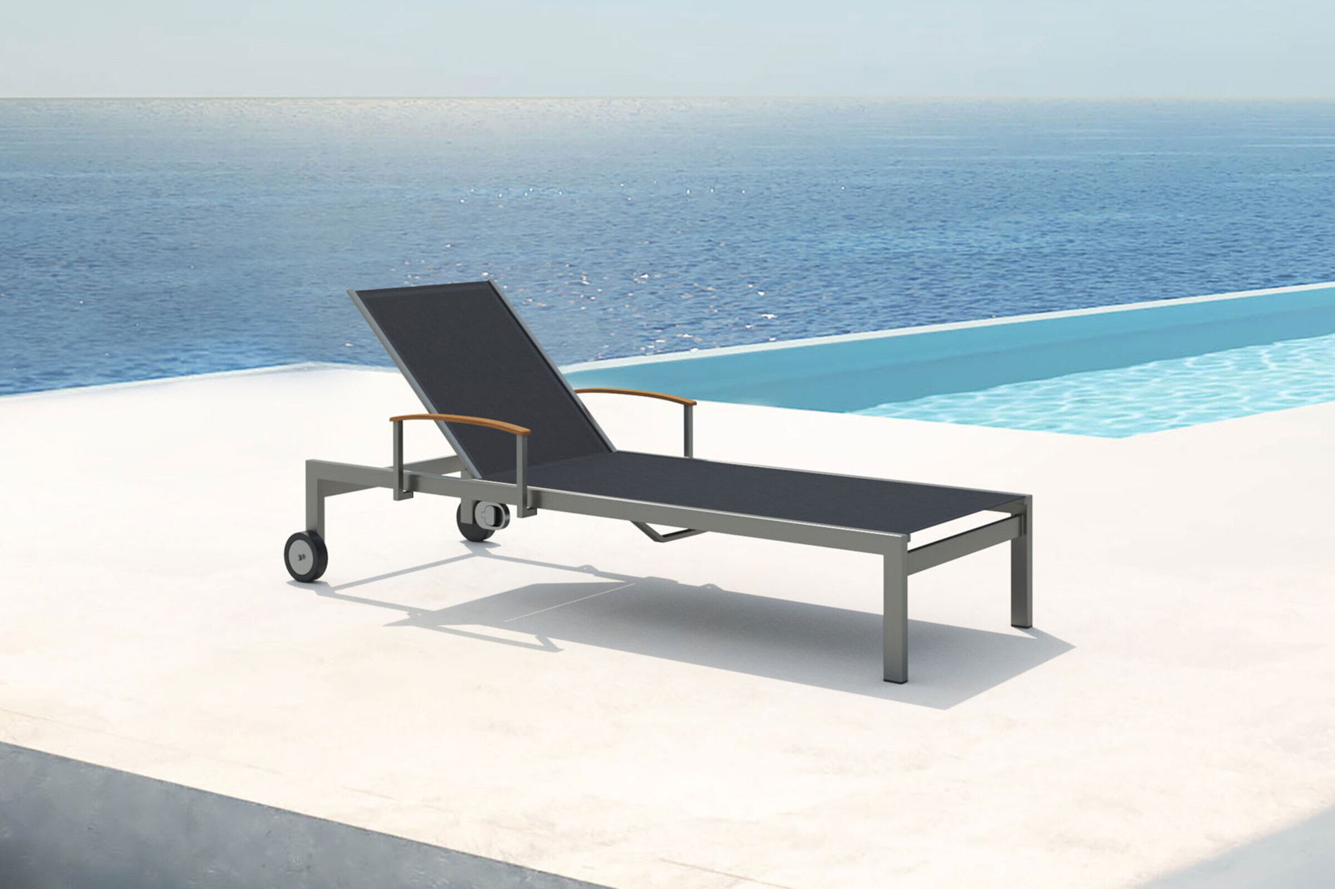 Lettino con ruote OUTFLEXX, nero, acciaio inox/textilene, con molla a gas, 195,5x74x35cm