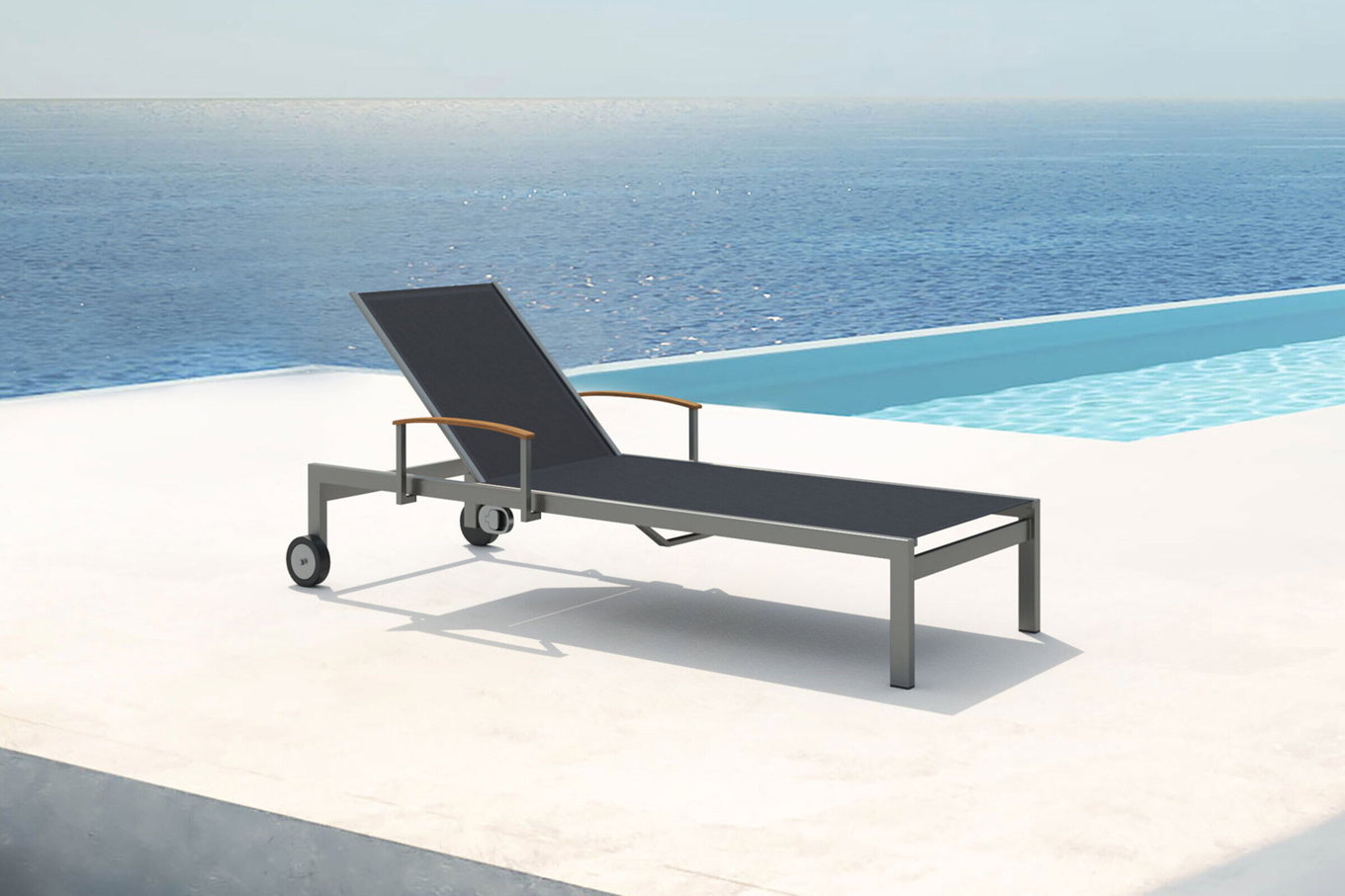 Lettino con ruote OUTFLEXX, nero, acciaio inox/textilene, con molla a gas, 195,5x74x35cm 13503__1