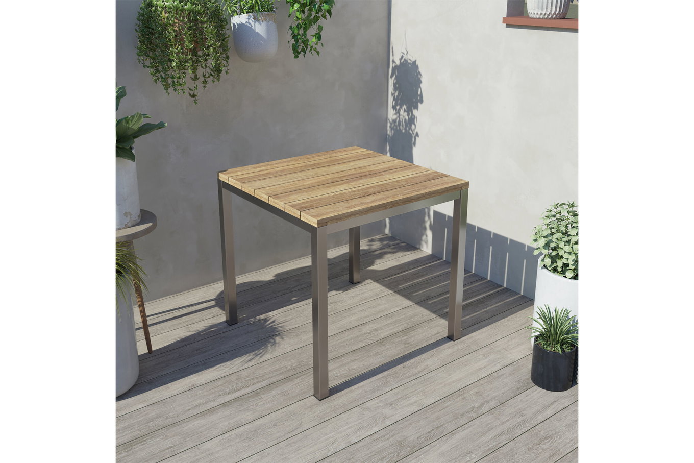 OUTFLEXX Tavolo da pranzo, argento/naturale, acciaio inox/teak riciclato, 90x90cm, rustico spazzolato, prodotto certificato FSC® 15860__1