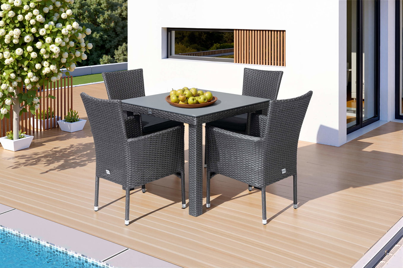 Ploß Rocking Gruppo da pranzo da giardino, grigio/marrone screziato, polyrattan, tavolo 90 x 90 cm, 4 sedie impilabili, piano in vetro effetto pietra 21079__1