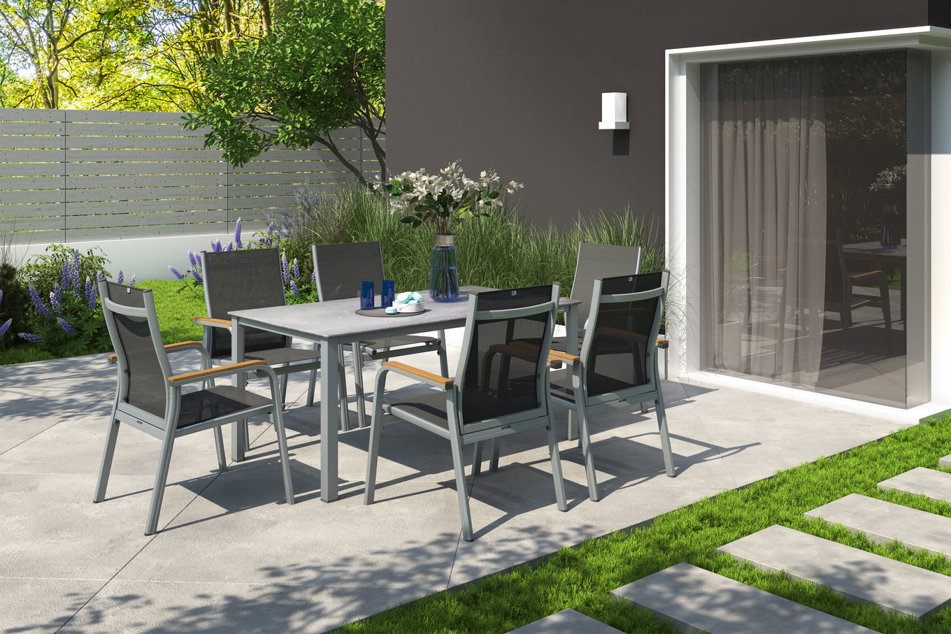 KETTLER Granada Gruppo pranzo da giardino, argento/antracite, alluminio, tavolo 160x90, 6 poltrone impilabili 31405__1