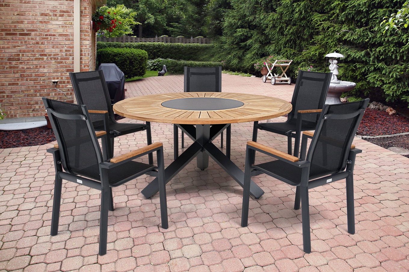 OUTFLEXX Gruppo Pranzo da Giardino, OUTFLEXX® antracite opaco, Alu / Teak / Textil, Tavolo da Pranzo Ø 150 cm, 5 Sedie Impilabili 22201__1
