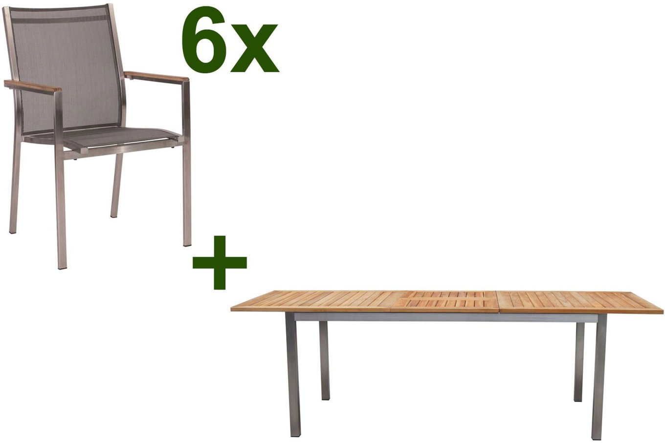 Gruppo pranzo da giardino STERN Cardiff, argento/grigio argento, Acciaio inox/Teak, tavolo 180/240 x 100 cm, 6 Poltrone impilabili, Prodotto certificato FSC® 19736__1