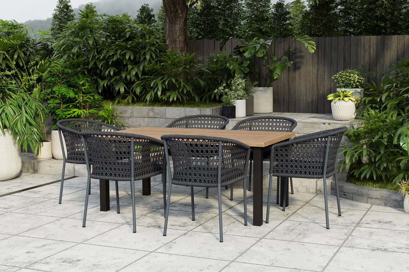 OUTFLEXX Bob/Zui Set da pranzo da giardino, antracite/grigio scuro, alluminio/teak riciclato/rope, 220 x 100 cm, 6 x poltrone, inclusi cuscini 24338__1