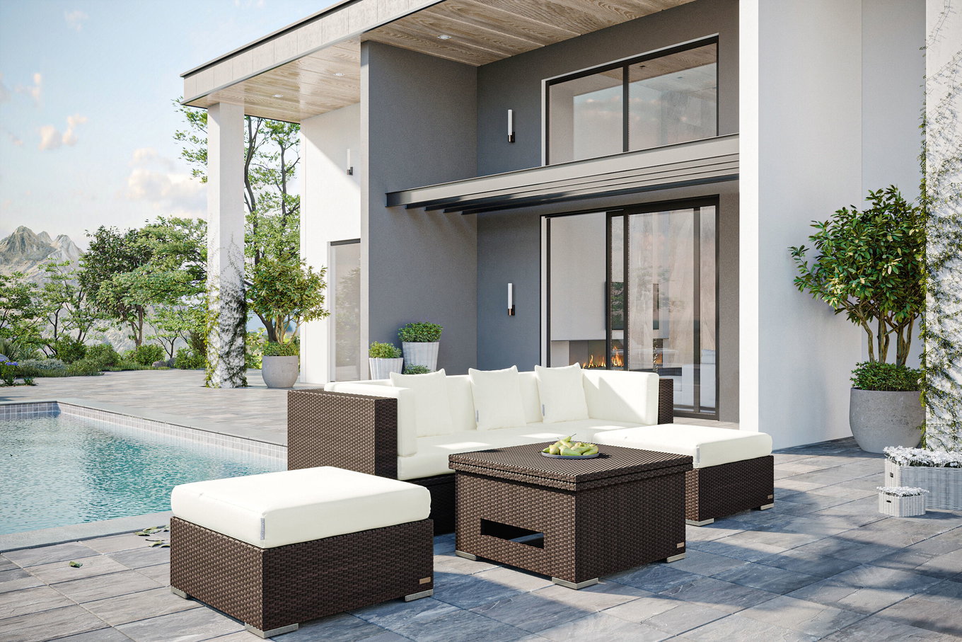 OUTFLEXX salotto da giardino, marrone marmorizzato, 5 pers, polirattan, box portacuscini impermeabile, incl. tavolo lounge 16068_BOX_D__1